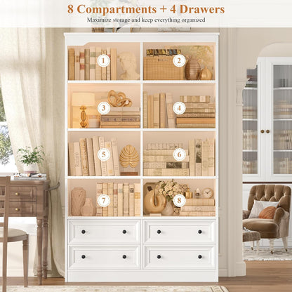 GoFurnitureHub 71" Double Wide 6-Tier Bookcase with 4 Drawers – Modern White Storage Bookshelf