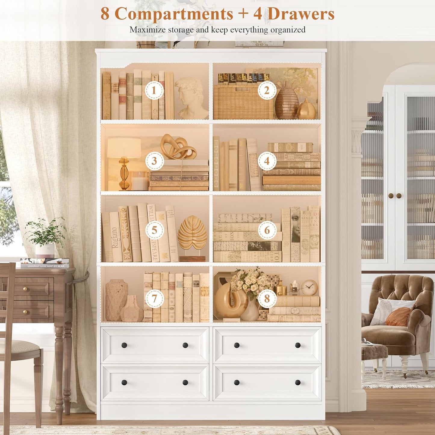 GoFurnitureHub 71" Double Wide 6-Tier Bookcase with 4 Drawers – Modern White Storage Bookshelf