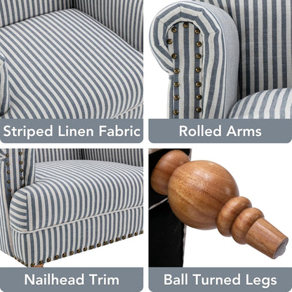 GoFurnitureHub Blue Striped Linen Accent Chair with Turned Wood Legs