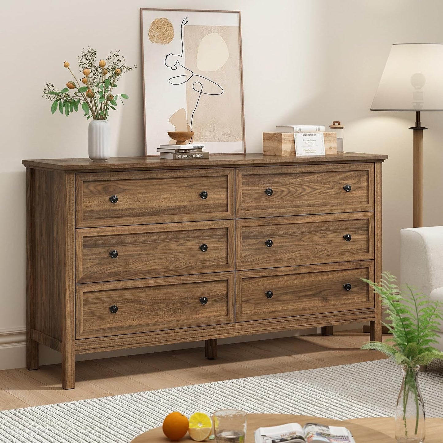 GoFurnitureHub Modern Walnut 6-Drawer Bedroom Dresser – 55"