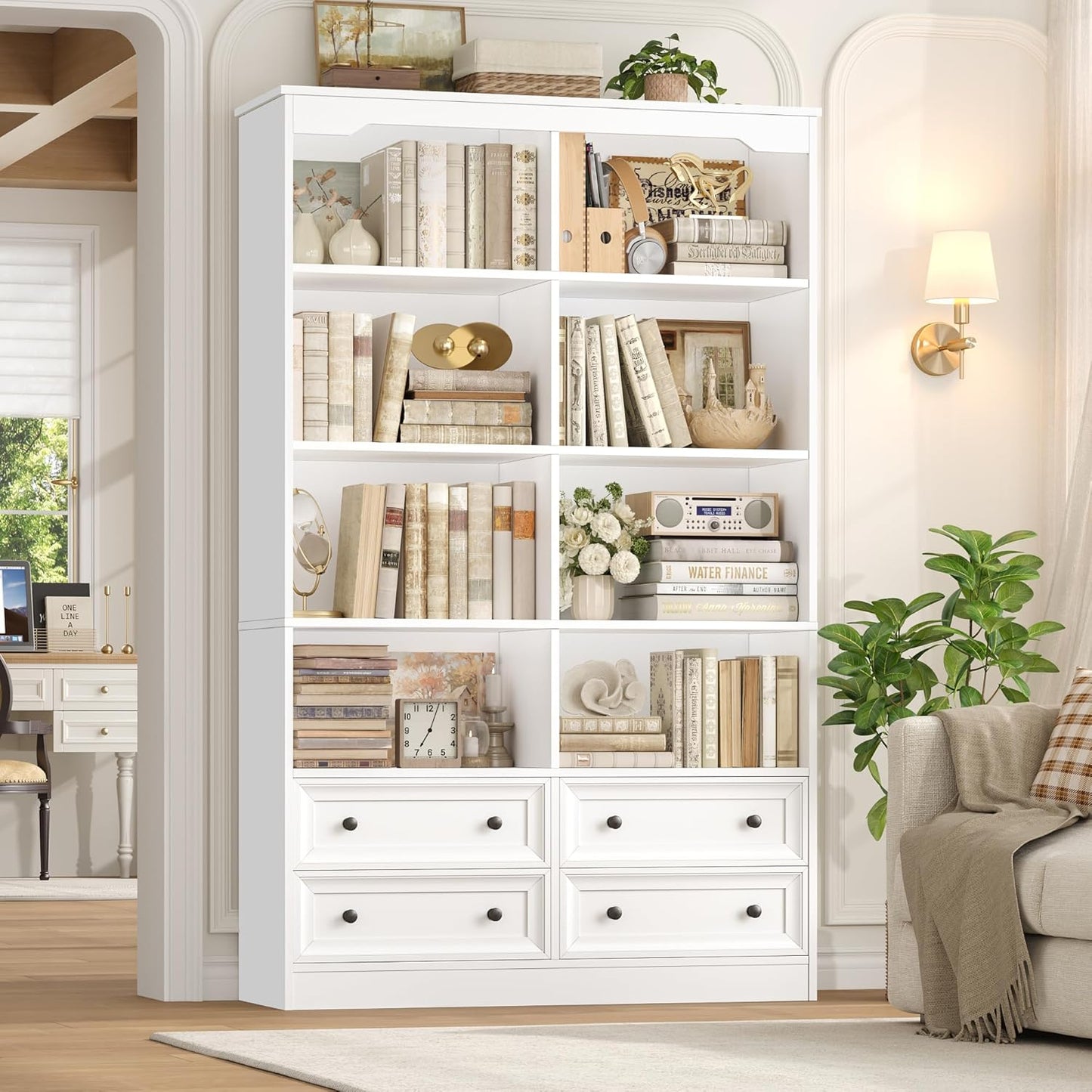 GoFurnitureHub 71" Double Wide 6-Tier Bookcase with 4 Drawers – Modern White Storage Bookshelf