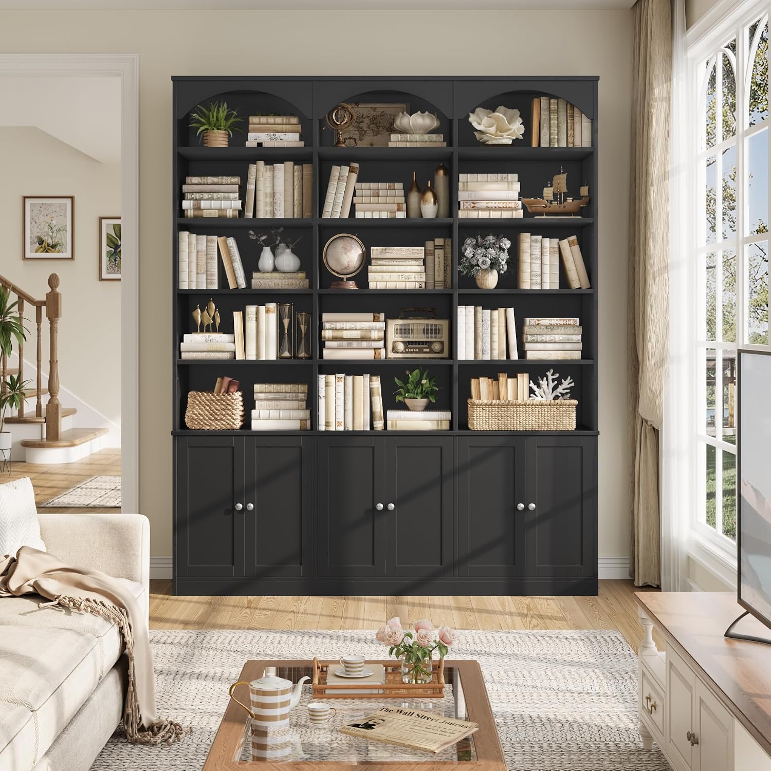 GoFurnitureHub 78" Arched Bookcase with Doors – 15-Shelf Wide Storage Cabinet, Black