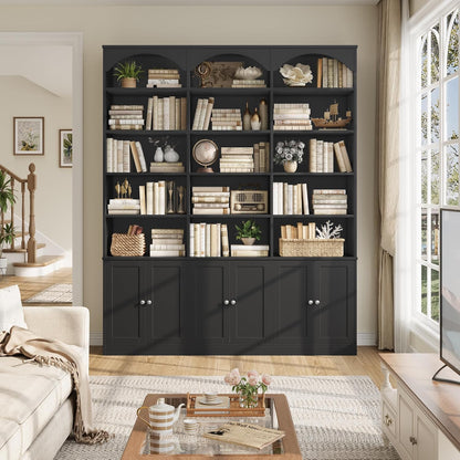 GoFurnitureHub 78" Arched Bookcase with Doors – 15-Shelf Wide Storage Cabinet, Black