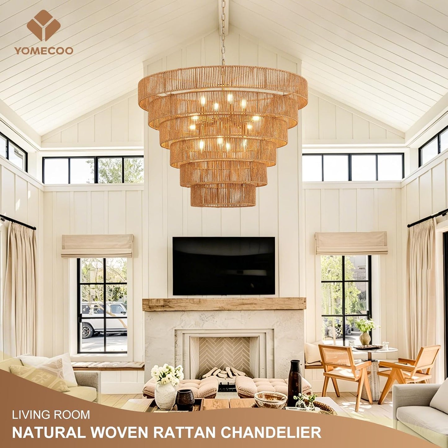 GoFurnitureHub 31.5" Large Gold Rattan Chandelier – 12-Light Handwoven Boho Farmhouse Drum Ceiling Light