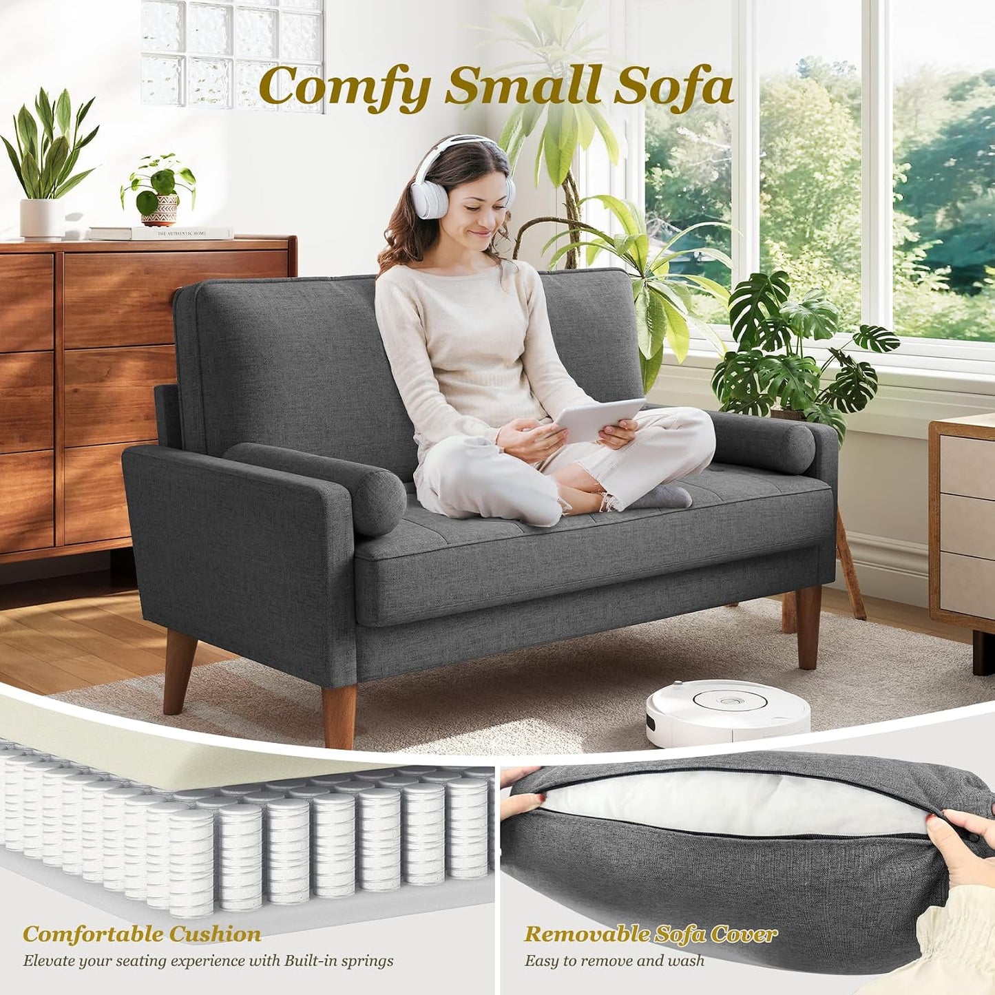 GoFurnitureHub Mid-Century Modern 2-Seater Sofa with Throw Pillow