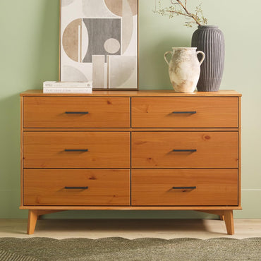 GoFurnitureHub 52" Solid Wood 6-Drawer Dresser – Mid-Century Modern Storage Chest, Caramel