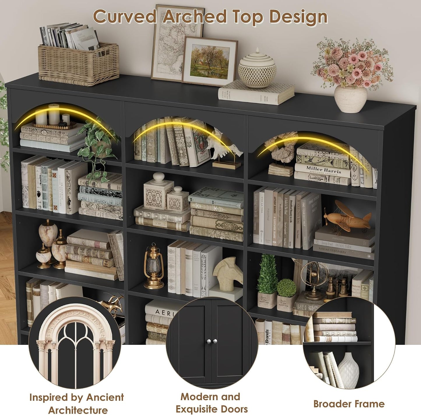 GoFurnitureHub 78" Arched Bookcase with Doors – 15-Shelf Wide Storage Cabinet, Black