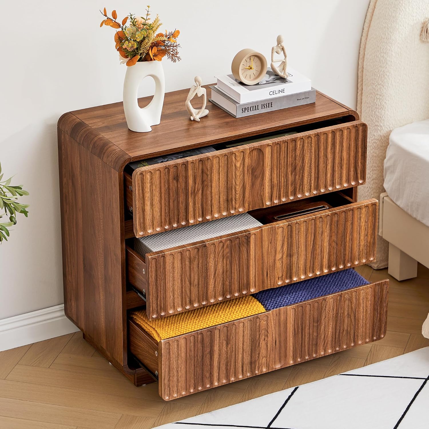 GoFurnitureHub 31.5" Mid-Century Modern 3-Drawer Dresser – Fluted Walnut Wood Storage Chest