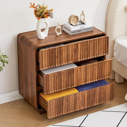 GoFurnitureHub 31.5" Mid-Century Modern 3-Drawer Dresser – Fluted Walnut Wood Storage Chest