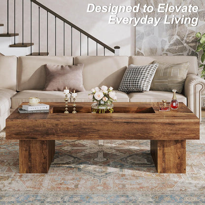 GoFurnitureHub 47.2" Rustic Coffee Table Modern Wood Center Table with LED Lighting & Storage, Rustic Brown