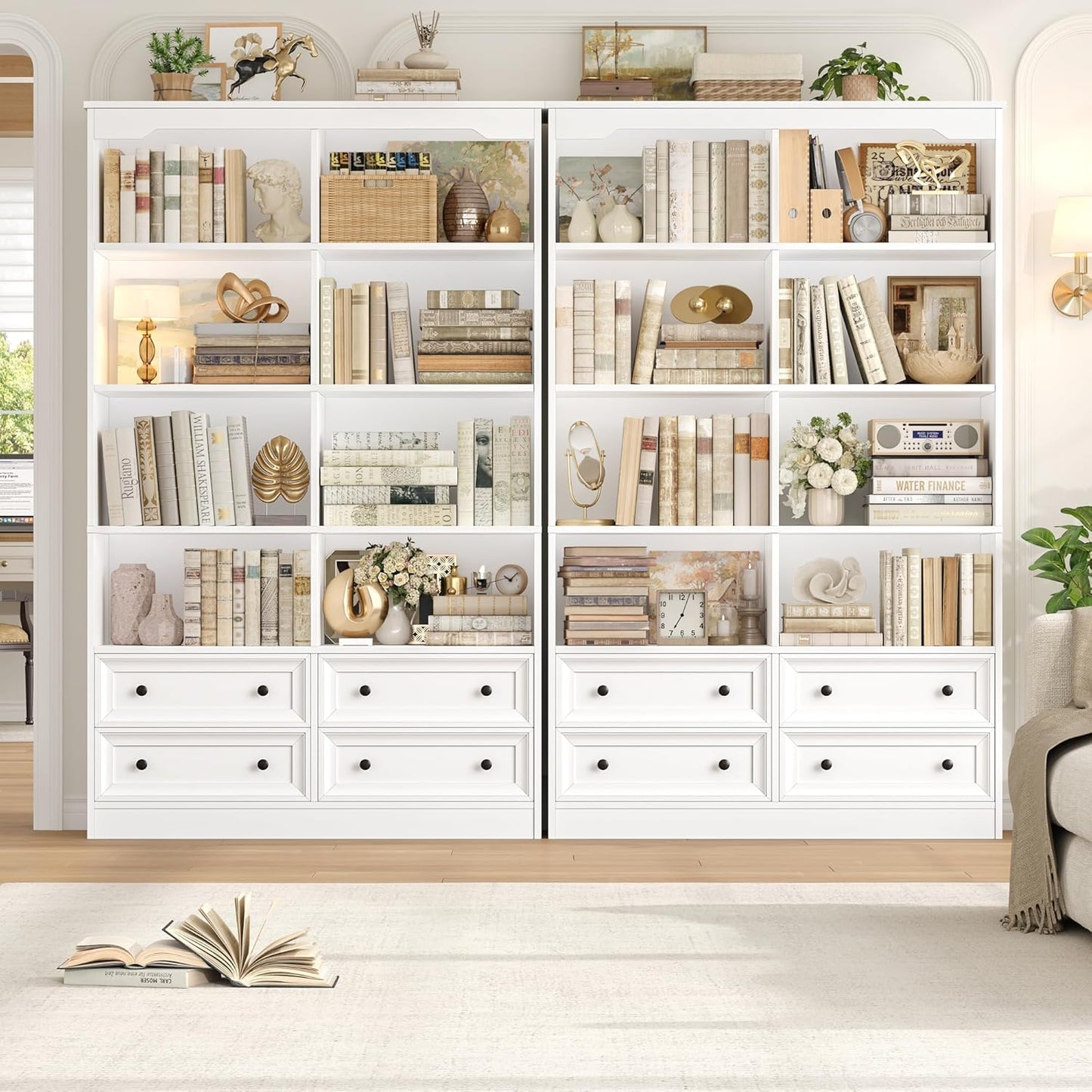 GoFurnitureHub 71" Double Wide 6-Tier Bookcase with 4 Drawers – Modern White Storage Bookshelf