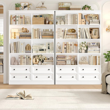 GoFurnitureHub 71" Double Wide 6-Tier Bookcase with 4 Drawers – Modern White Storage Bookshelf