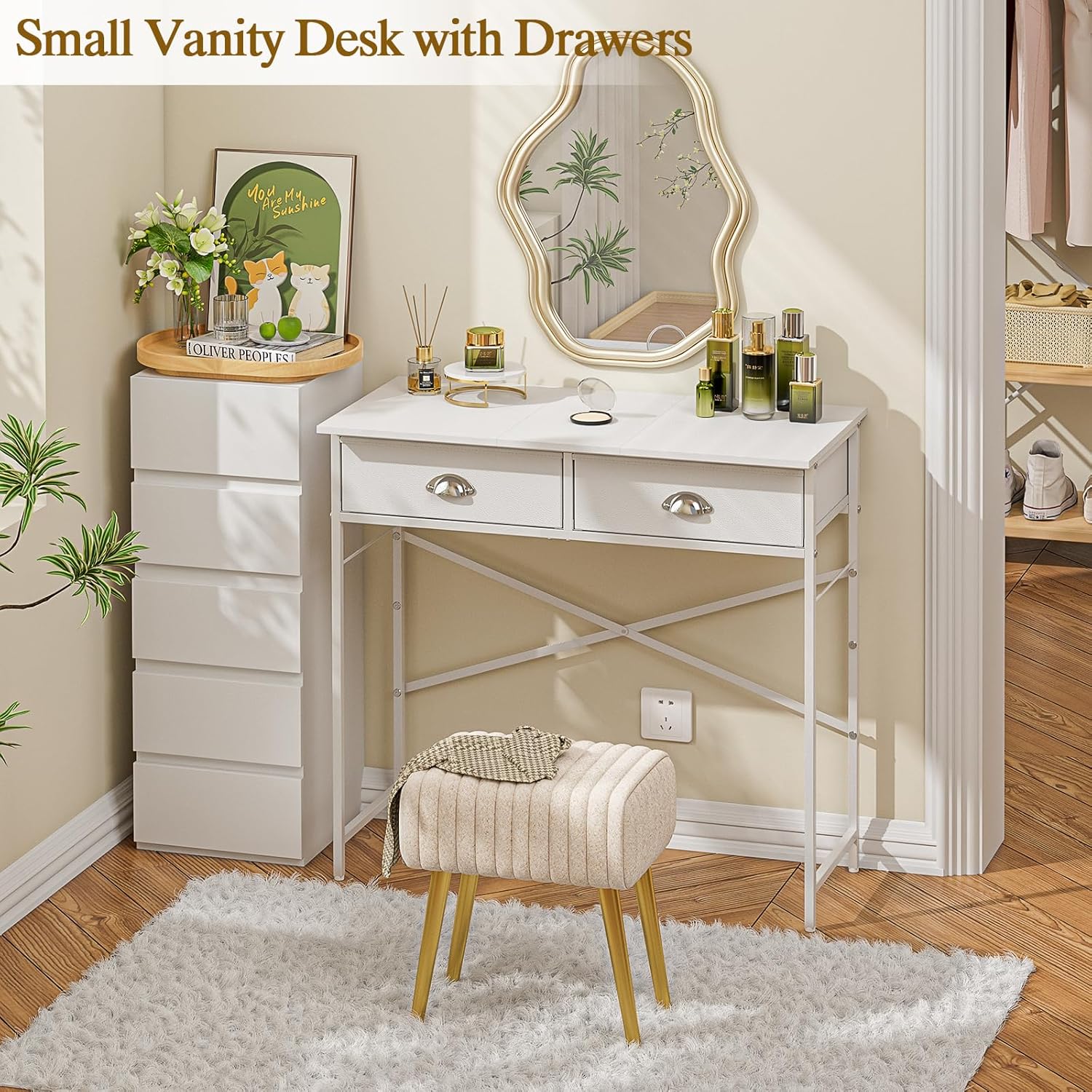 GoFurnitureHub 31.5" Small Vanity Desk with Drawers – White Makeup Dressing Table for Compact Spaces (No Mirror)