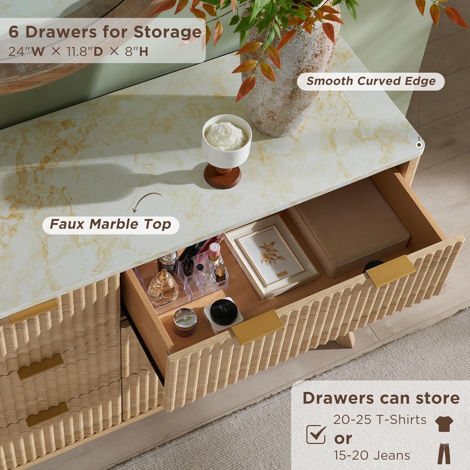 GoFurnitureHub 54" Fluted 6-Drawer Dresser with Faux Marble Top – Modern Natural Oak Storage Chest