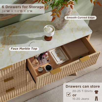 GoFurnitureHub 54" Fluted 6-Drawer Dresser with Faux Marble Top – Modern Natural Oak Storage Chest