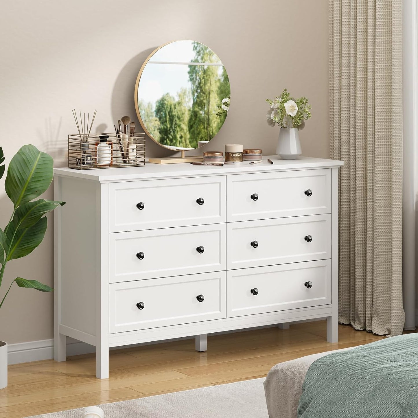 GoFurnitureHub 55" White 6-Drawer Dresser – Modern Wood Storage Chest with Metal Handles