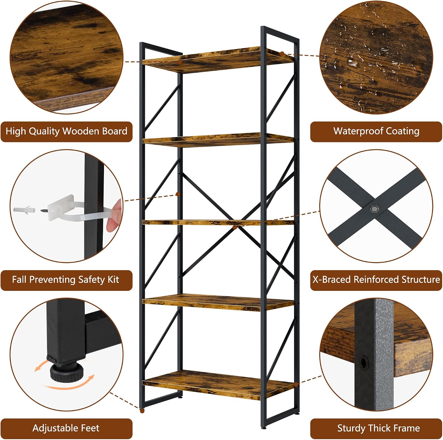 GoFurnitureHub Industrial 5-Tier Bookshelf Set of 2 – Rustic Brown Metal & Wood Display Shelves