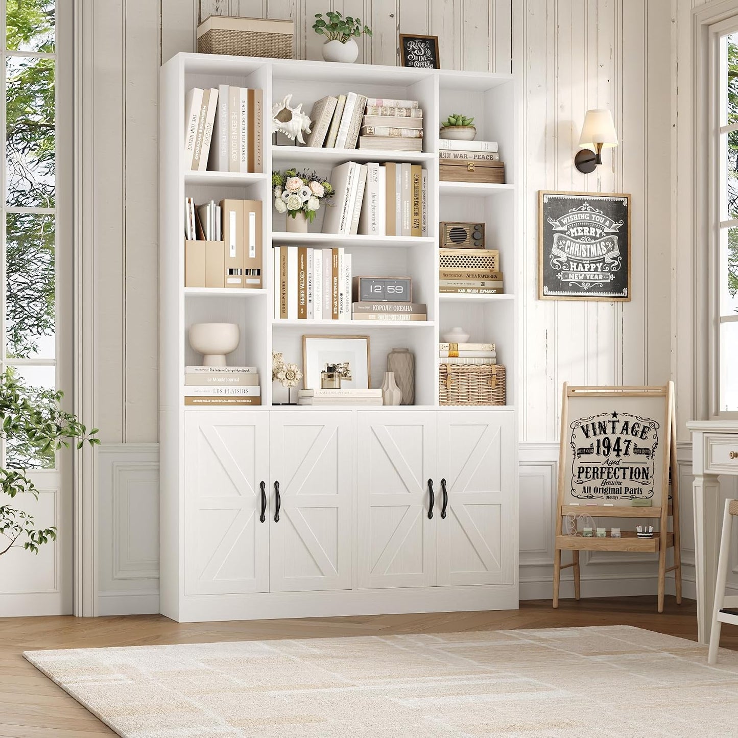 GoFurnitureHub 72" Farmhouse Bookcase with Storage Cabinet – 45" Wide Display Shelf with 4 Doors, White