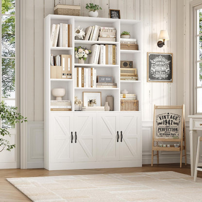 GoFurnitureHub 72" Farmhouse Bookcase with Storage Cabinet – 45" Wide Display Shelf with 4 Doors, White