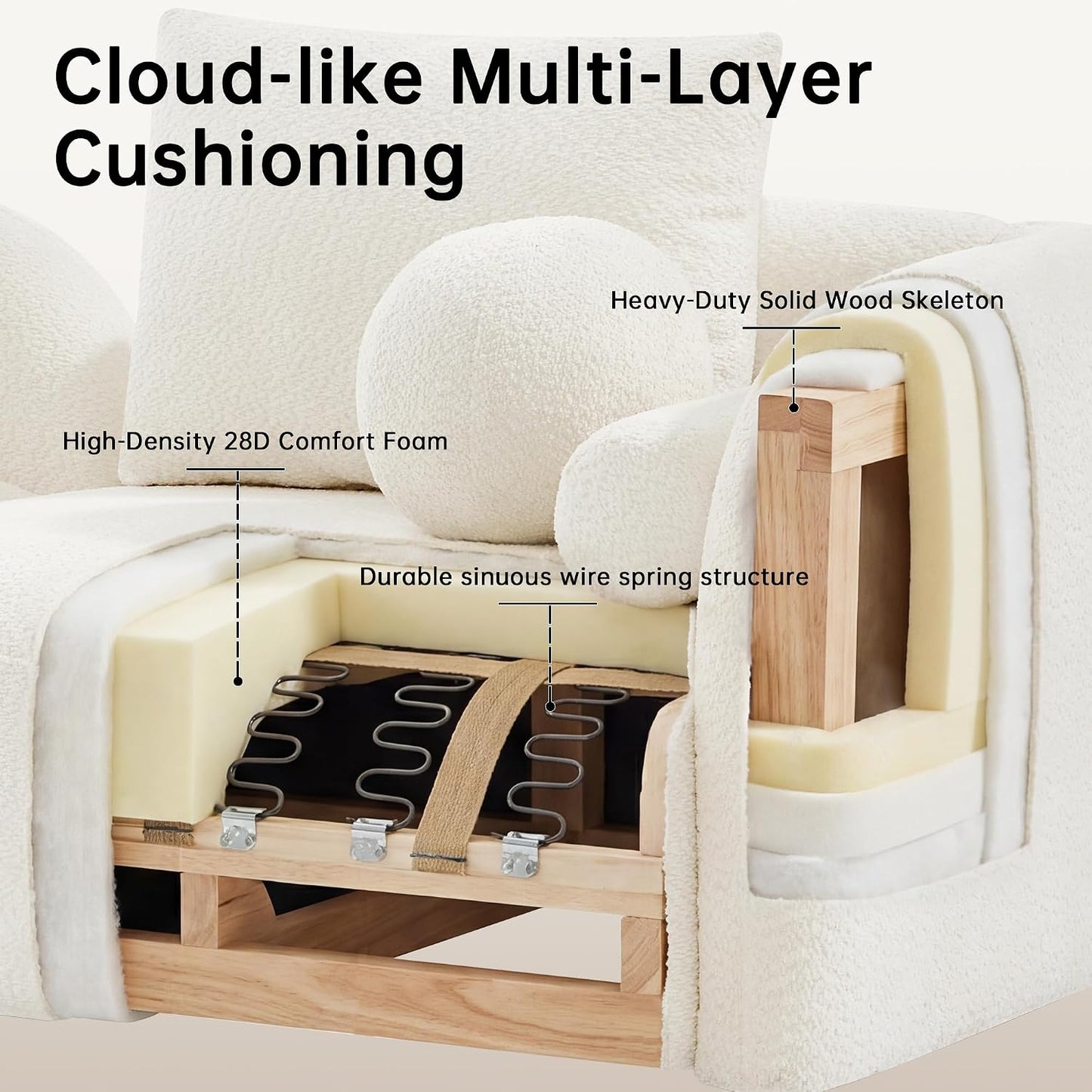 GoFurnitureHub 91.75" Curved Bouclé Sofa – Modern 3-Seater Cloud Couch with Wood Legs & Pillows