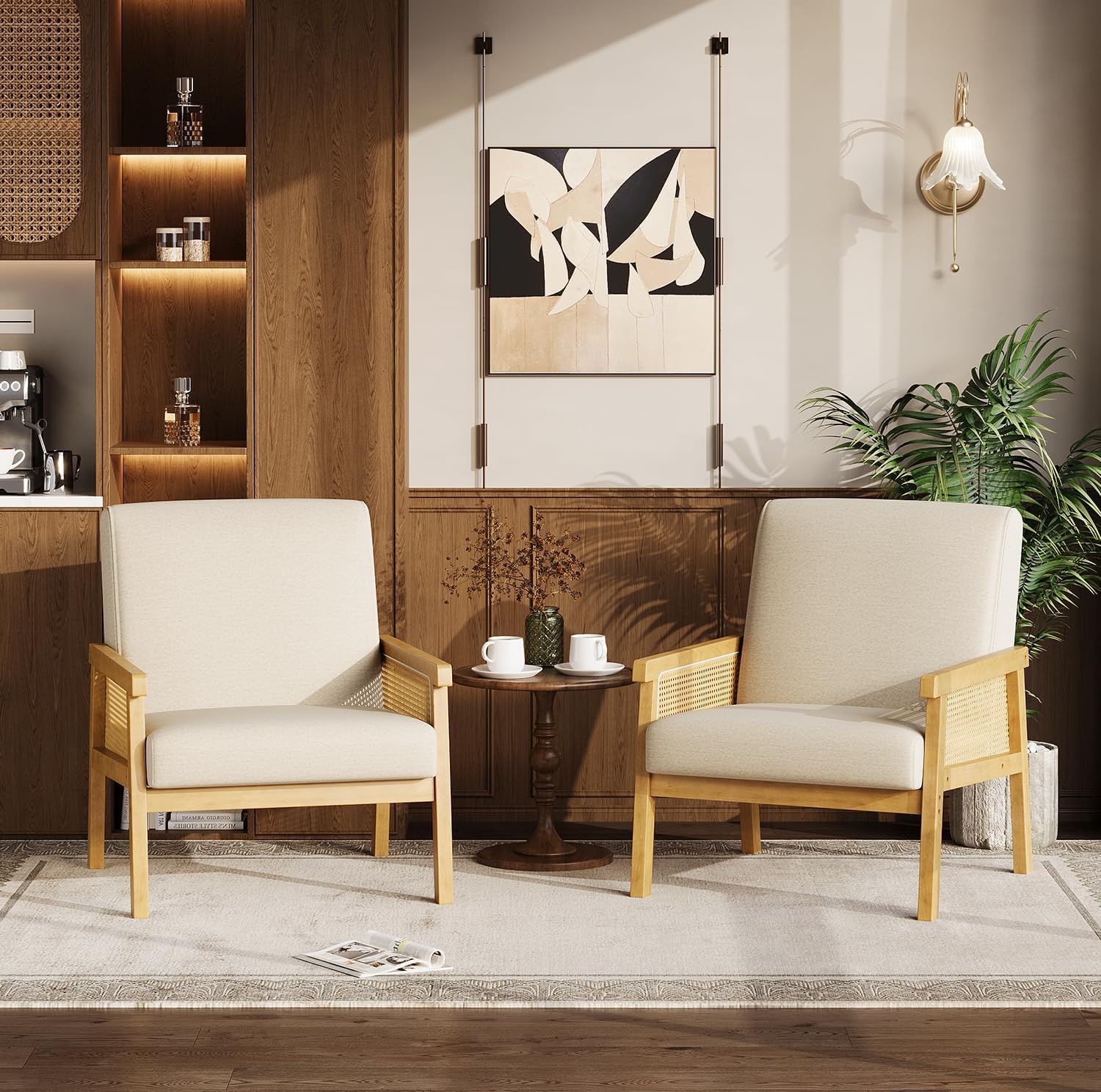 GoFurnitureHub Modern Rattan Accent Chair – Upholstered Linen Armchair in Beige