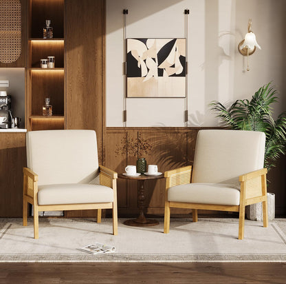 GoFurnitureHub Modern Rattan Accent Chair – Upholstered Linen Armchair in Beige