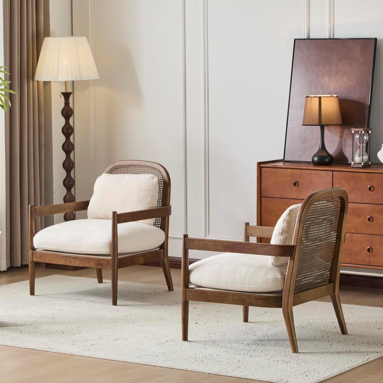 GoFurnitureHub Modern Rattan Accent Chair Set of 2 – Beige Cushioned Wooden Club Chairs with Open Back