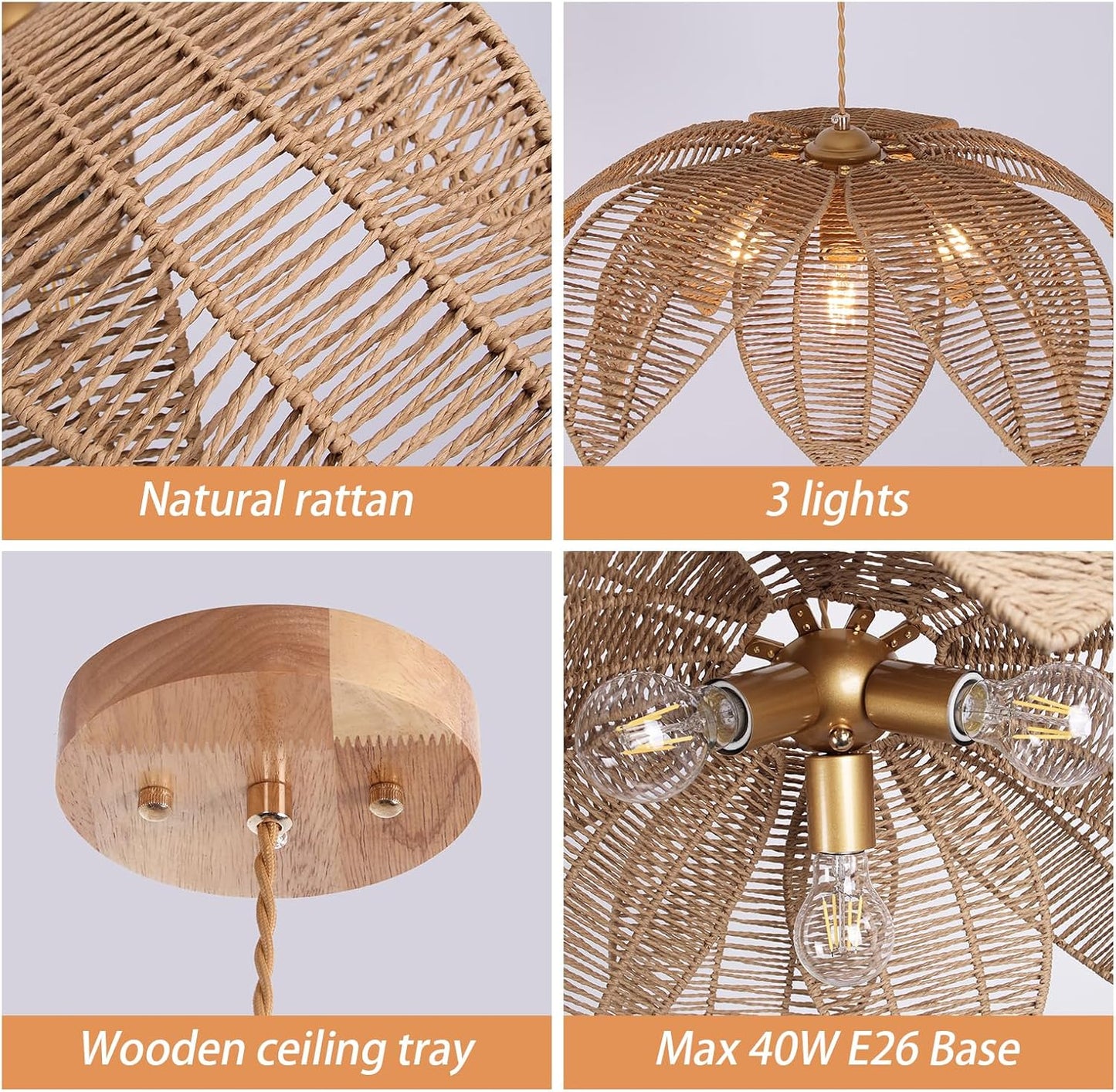 GoFurnitureHub 24" Boho Rattan Pendant Light – Handwoven Wicker Chandelier with Adjustable Hanging Cord