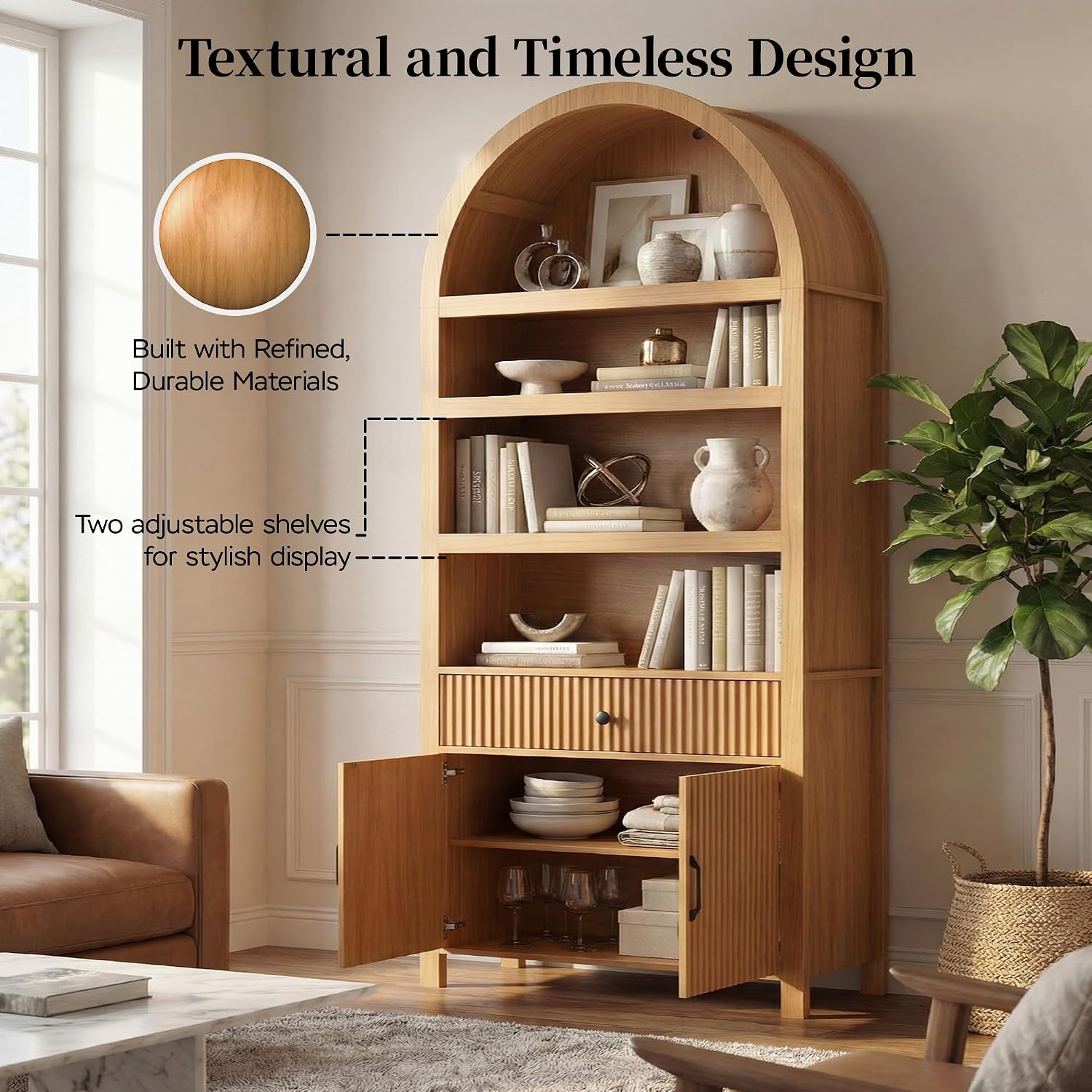 GoFurnitureHub 70" Mid-Century Arched Bookcase with Storage Cabinet