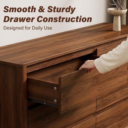 GoFurnitureHub 55" Mid-Century Modern 6-Drawer Dresser – Walnut Wood Storage Chest