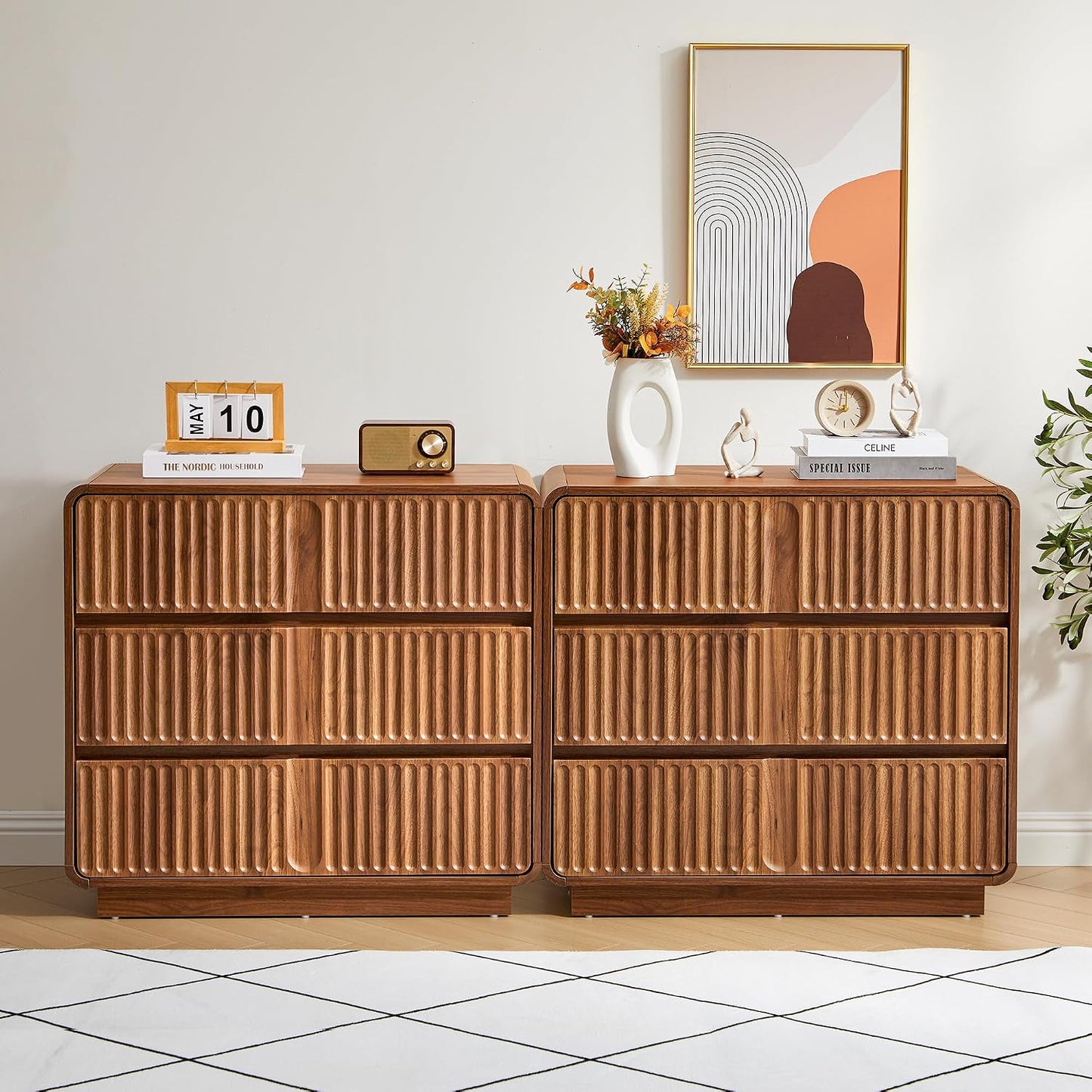 GoFurnitureHub 31.5" Mid-Century Modern 3-Drawer Dresser – Fluted Walnut Wood Storage Chest