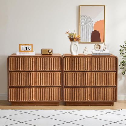 GoFurnitureHub 31.5" Mid-Century Modern 3-Drawer Dresser – Fluted Walnut Wood Storage Chest