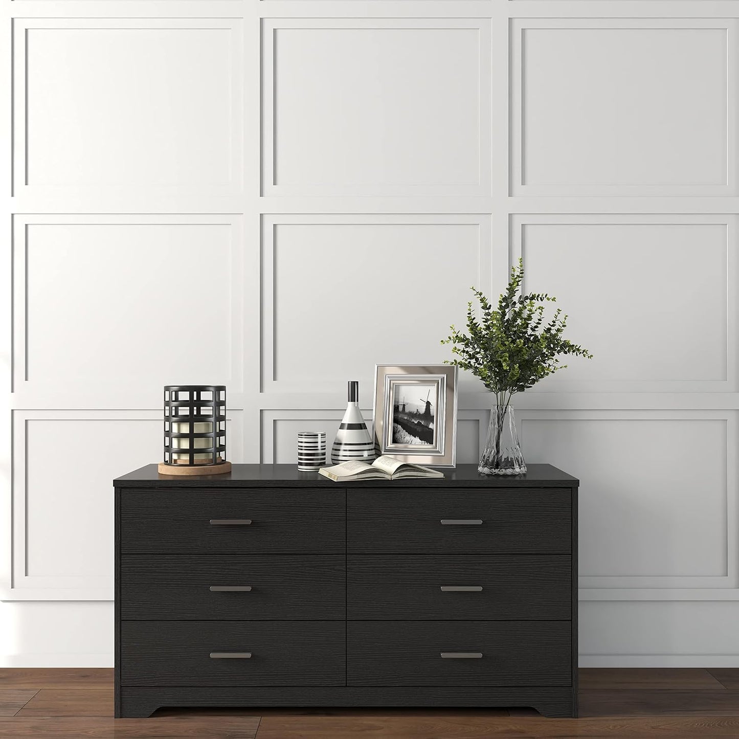 GoFurnitureHub Modern 6-Drawer Dresser – Wide Black Wooden Storage Chest for Bedroom & Living Room