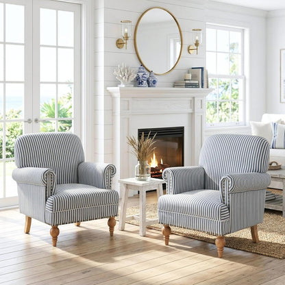 GoFurnitureHub Blue Striped Linen Accent Chair with Turned Wood Legs