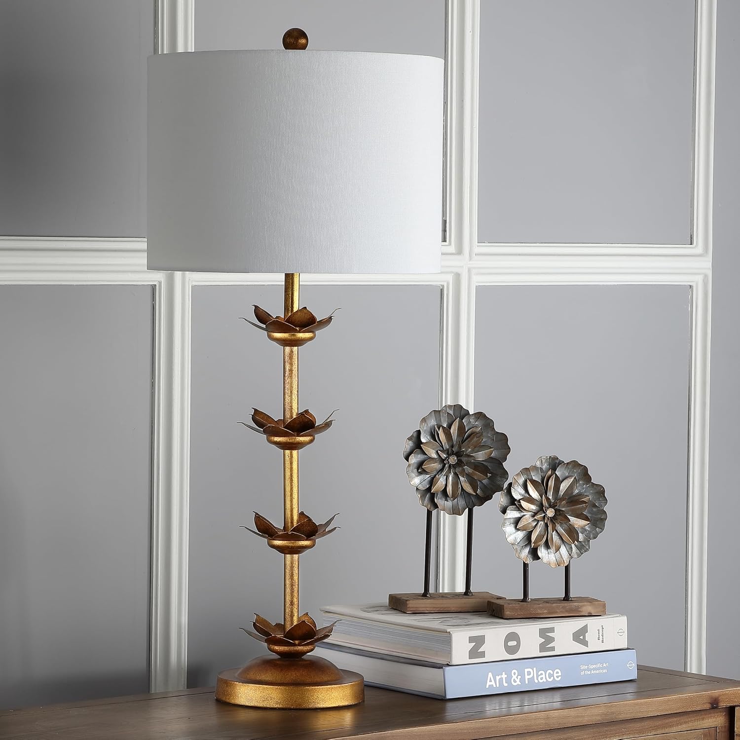 GoFurnitureHub 32" Antique Gold Leaf Table Lamp Set with White Drum Shades