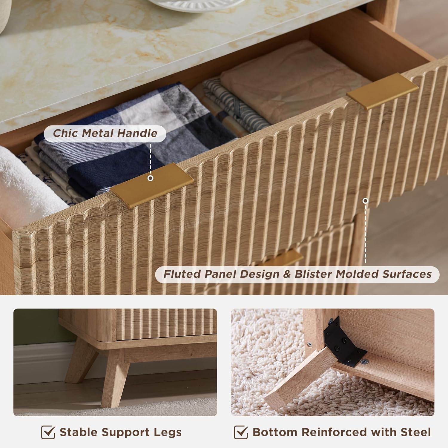 GoFurnitureHub 54" Fluted 6-Drawer Dresser with Faux Marble Top – Modern Natural Oak Storage Chest