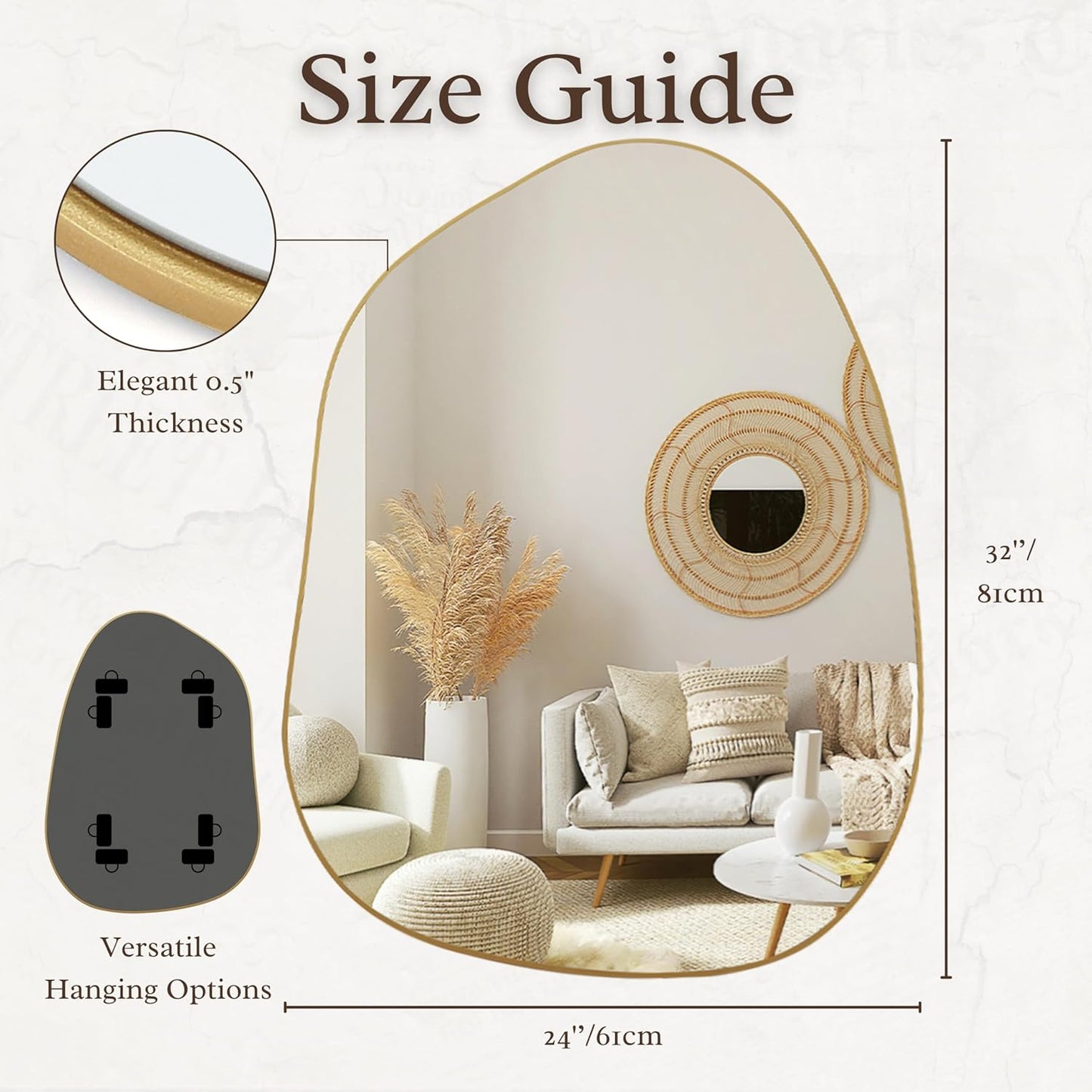 GoFurnitureHub Asymmetrical Gold Wall Mirror – 32" × 24" Modern Decorative Mirror
