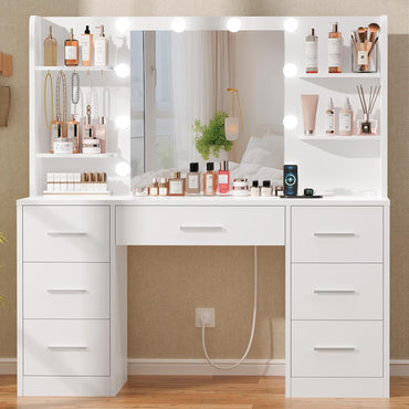 GoFurnitureHub Large White Vanity Desk with LED Mirror & Power Outlet – Makeup Table with 7 Drawers, 4 Shelves & 5 Hooks