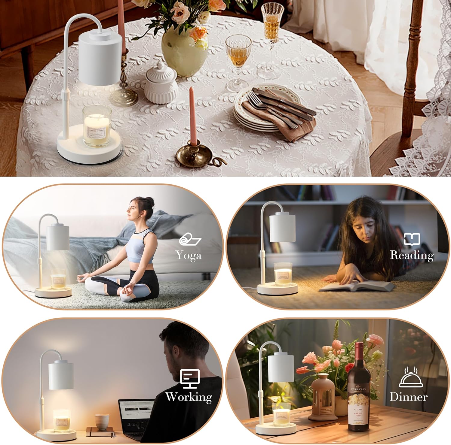 GoFurnitureHub Height Adjustable Candle Warmer Lamp – White