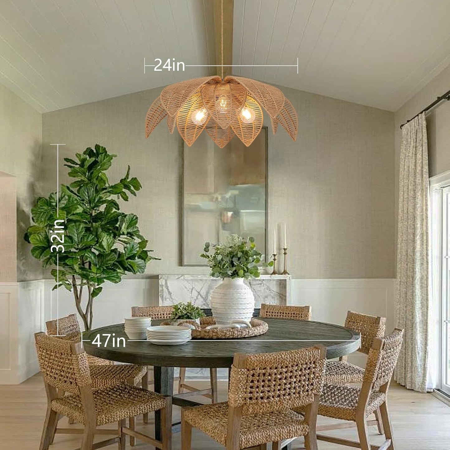 GoFurnitureHub 24" Boho Rattan Pendant Light – Handwoven Wicker Chandelier with Adjustable Hanging Cord
