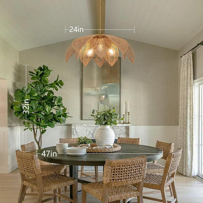 GoFurnitureHub 24" Boho Rattan Pendant Light – Handwoven Wicker Chandelier with Adjustable Hanging Cord
