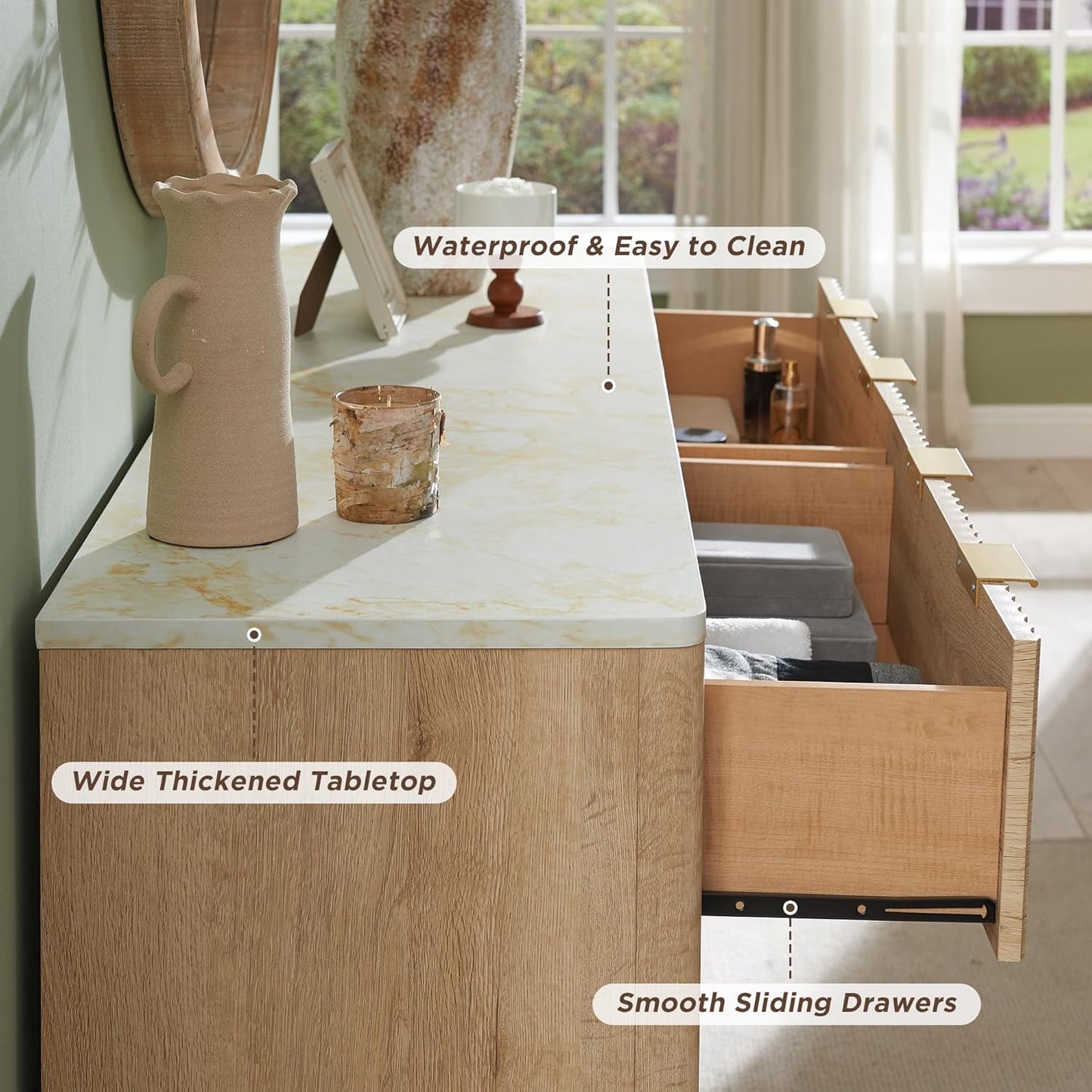 GoFurnitureHub 54" Fluted 6-Drawer Dresser with Faux Marble Top – Modern Natural Oak Storage Chest
