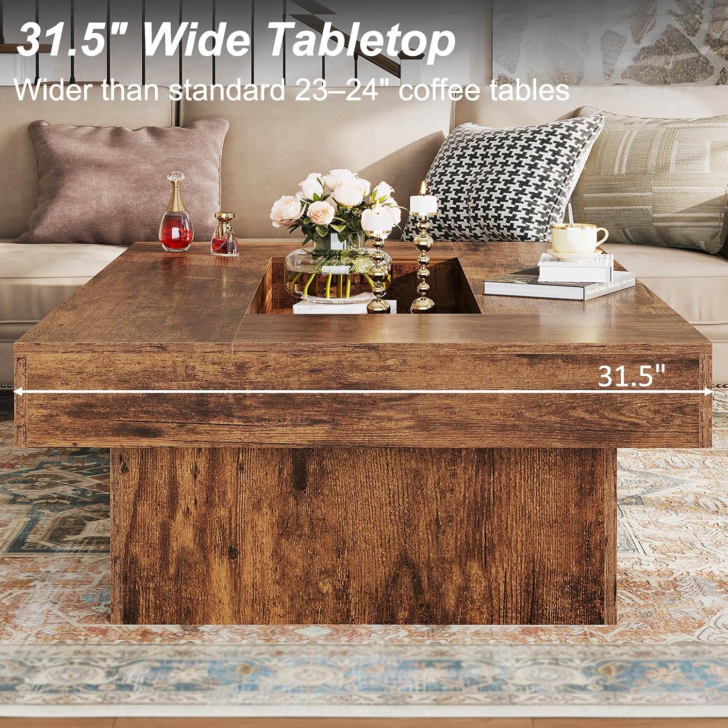 GoFurnitureHub 47.2" Rustic Coffee Table Modern Wood Center Table with LED Lighting & Storage, Rustic Brown