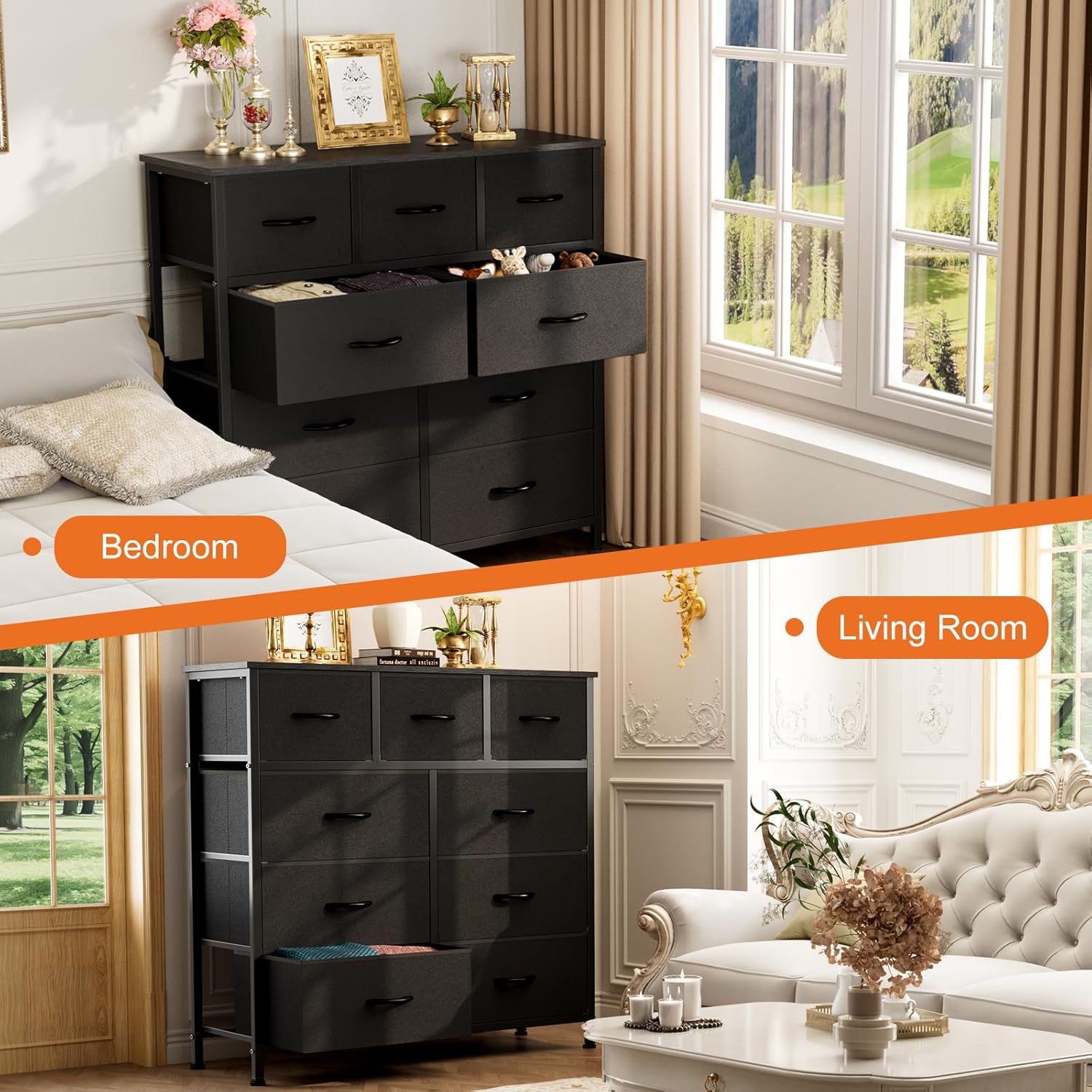 GoFurnitureHub 9-Drawer Fabric Dresser – Storage Tower with Wood Top & Steel Frame, Classic Black