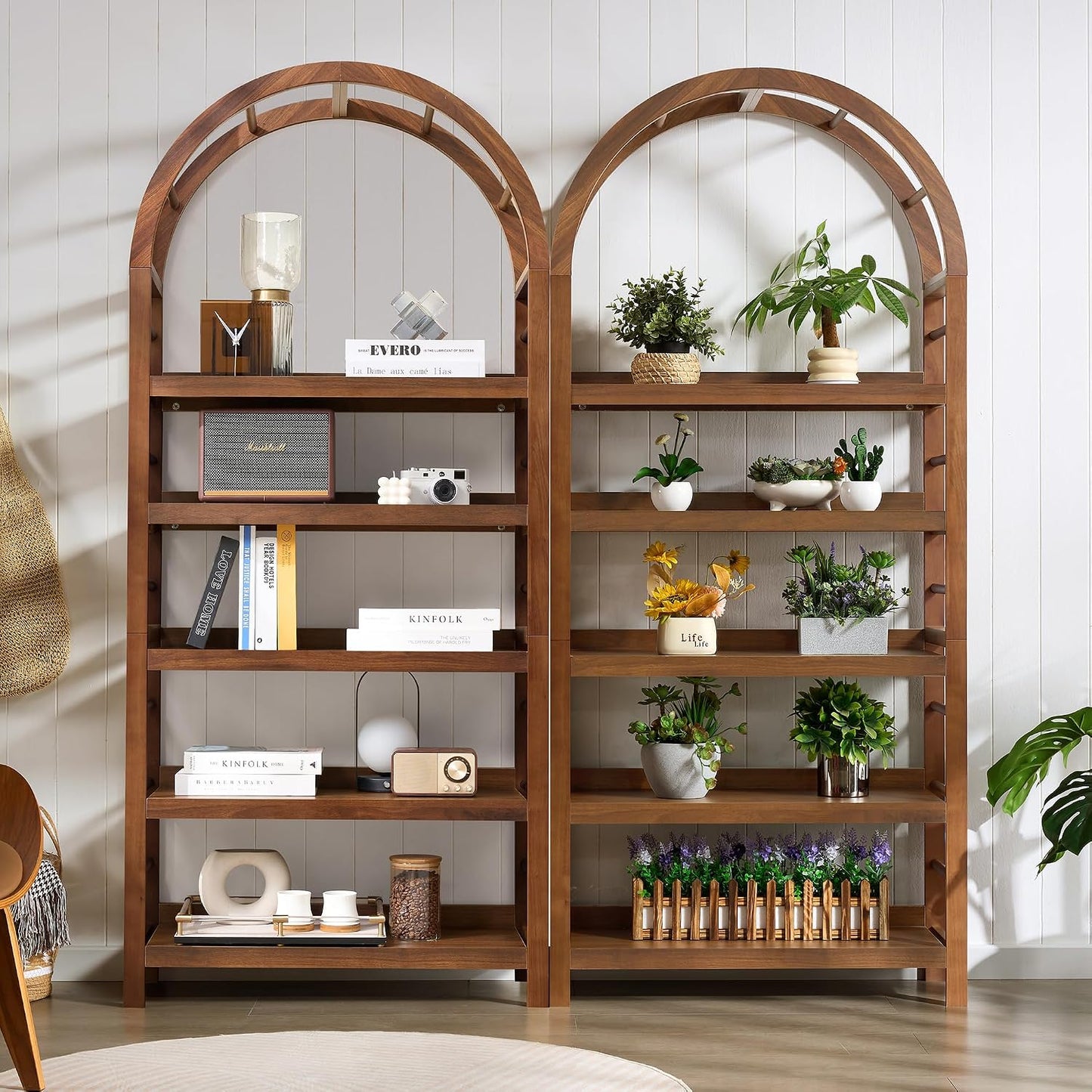 GoFurnitureHub 5-Tier Solid Wood Arched Bookshelf – Modern Walnut Open Display Bookcase for Home & Office