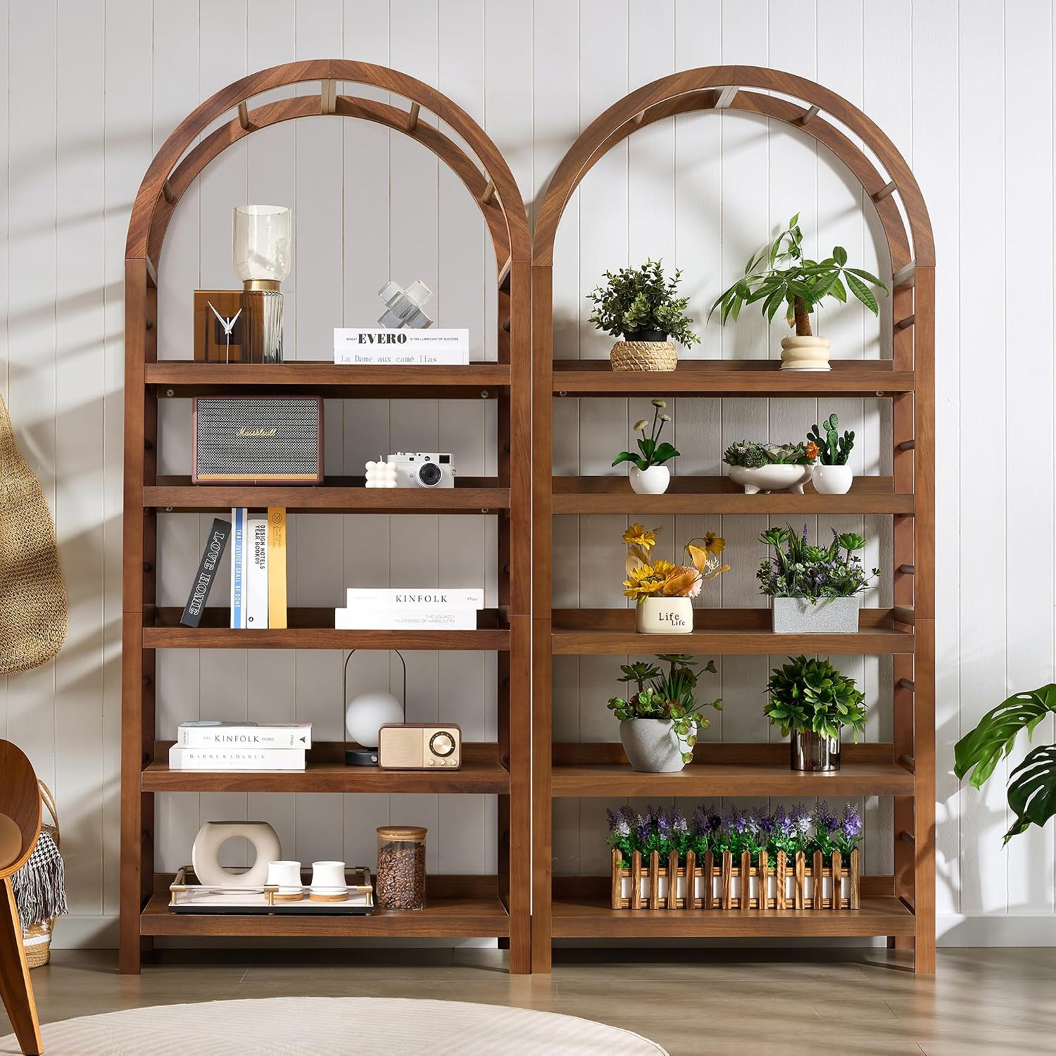 GoFurnitureHub 5-Tier Solid Wood Arched Bookshelf – Modern Walnut Open Display Bookcase for Home & Office