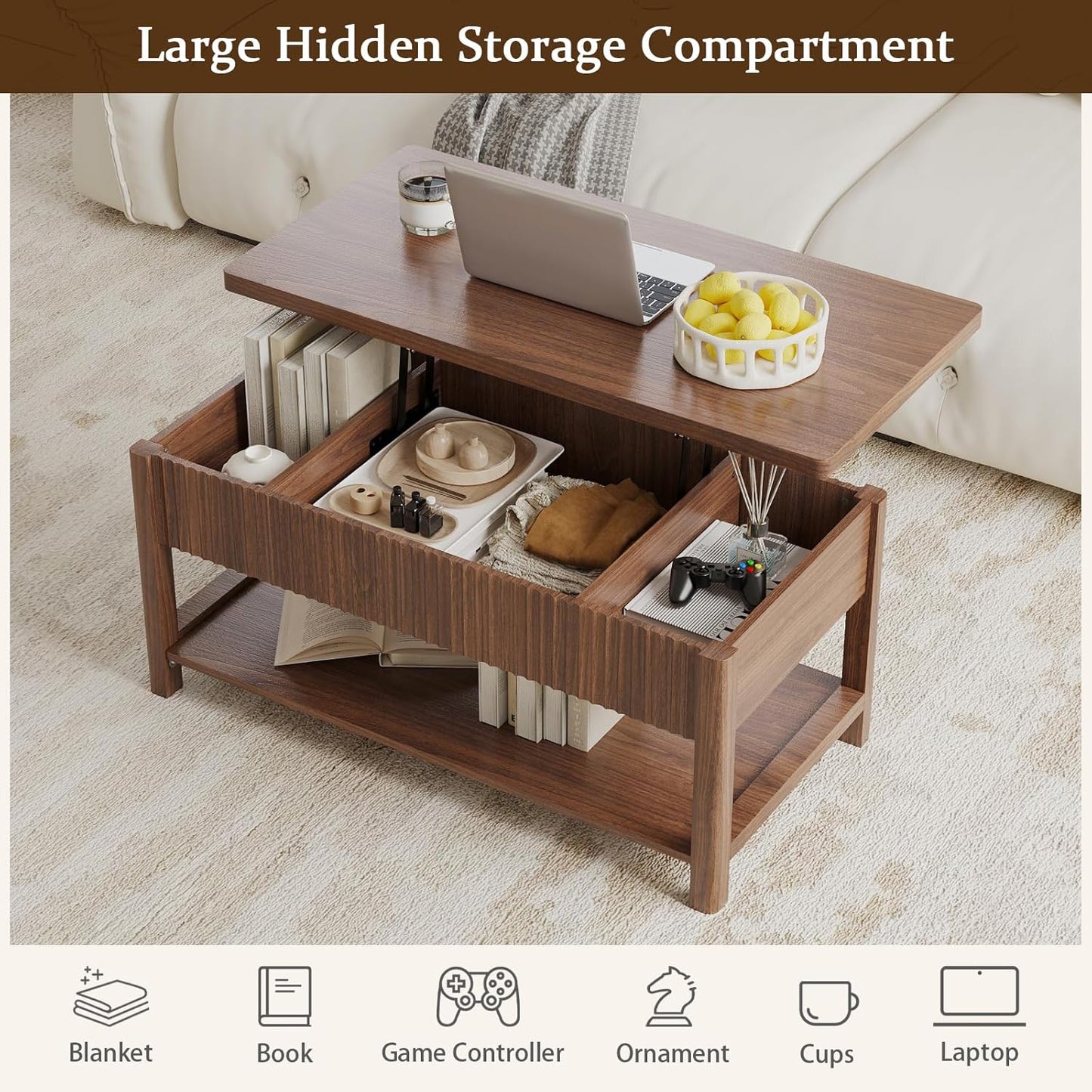 GoFurnitureHub Rectangular Coffee Table with Lift-Top Work Surface