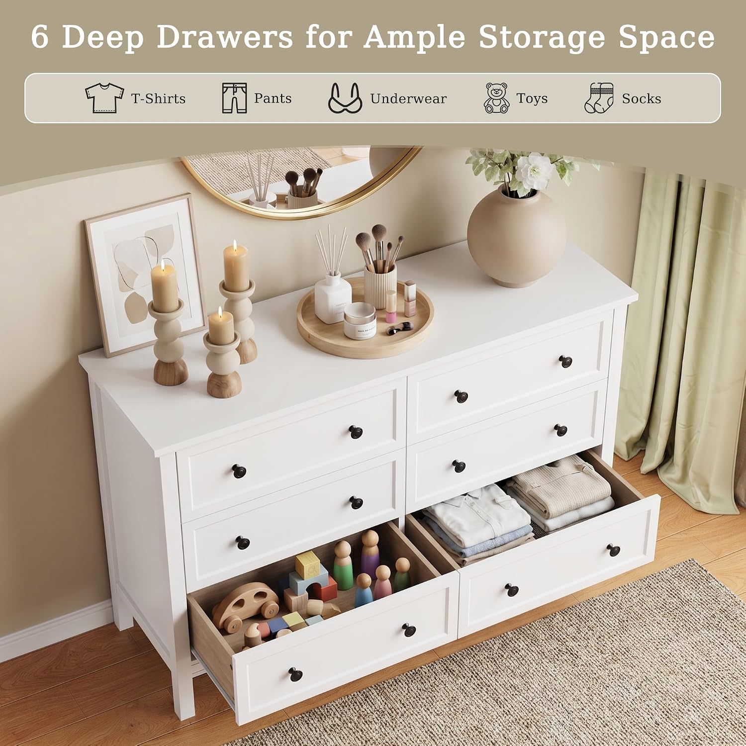 GoFurnitureHub 55" White 6-Drawer Dresser – Modern Wood Storage Chest with Metal Handles