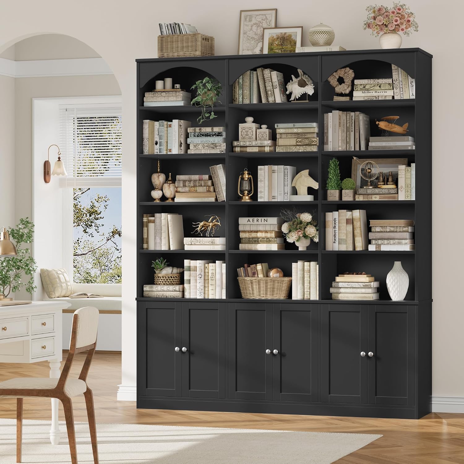 GoFurnitureHub 78" Arched Bookcase with Doors – 15-Shelf Wide Storage Cabinet, Black