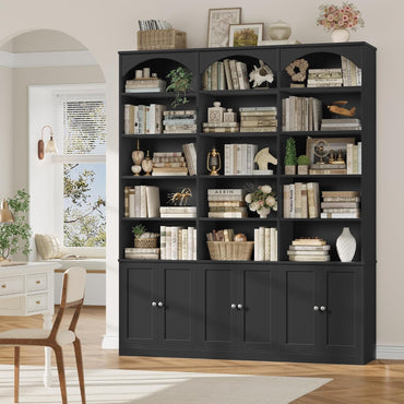 GoFurnitureHub 78" Arched Bookcase with Doors – 15-Shelf Wide Storage Cabinet, Black